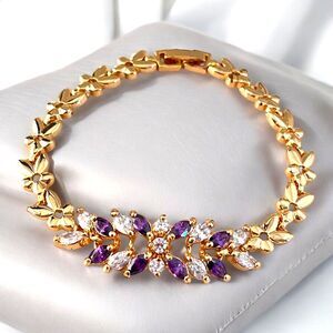 New Bracelet Simulated Gemstones Crystals Gold Tone Purple HSN 10I